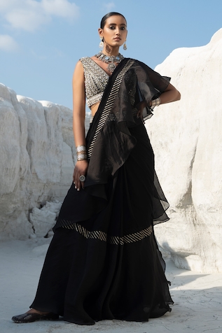 Buy Black Georgette Embroidery Square Neck Pre-draped Saree With Belt For  Women by Lavanya Ahuja Online at Aza Fashions.