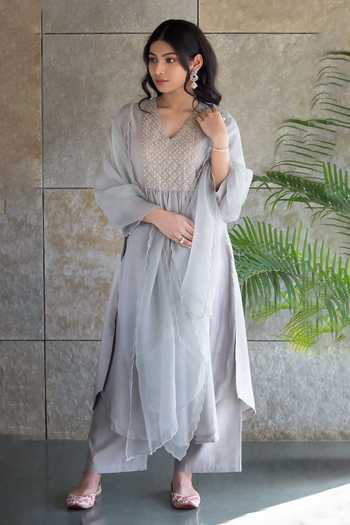 Cupid Cotton Embroidered Yoke Chanderi Silk Kurta Pant Set 