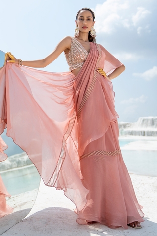 Seeaash Pre-Draped Saree With Embroidered Blouse