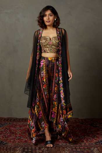 RI.Ritu Kumar Star Olivia Placket Embroidered Cape & Flared Pant Set 