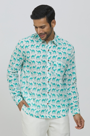 Aryavir Malhotra Cotton Camel Hand Print Shirt
