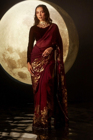 Dohr India Floral Placement Print Pre-Draped Saree