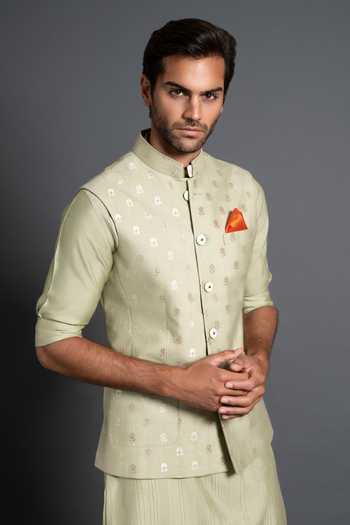 Raghavendra Rathore Jodhpur Chanderi Silk Kantha Work & Woven Waistcoat 