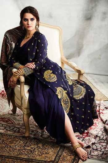 Tisha Saksena Scoop Neck Draped Dress With Jacket 
