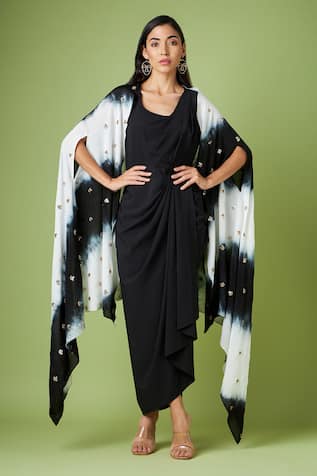 Draped Dress With Embellished Cape For Kids