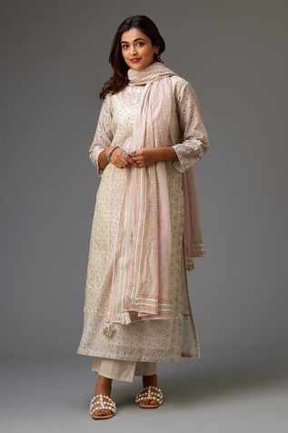 Kora Silk Chanderi Printed Panelled Kurta Set