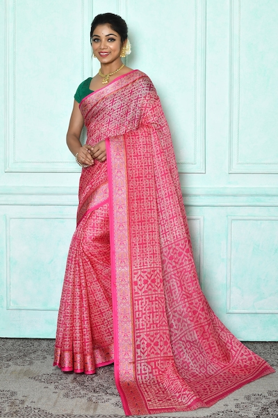 Buy Pink Silk Blend Saree, MSL-RJ-KZH-271007/MSL8