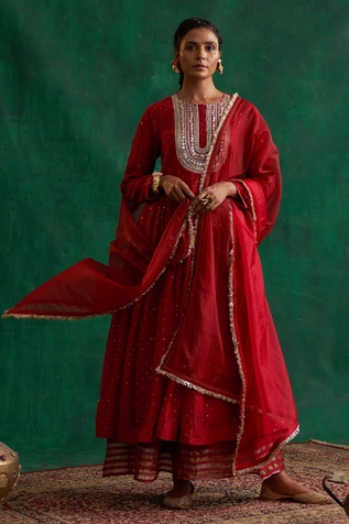Rekha Agra Chanderi Mukaish Work Anarkali Set