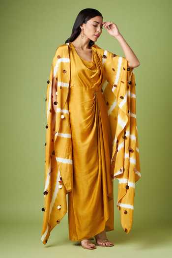 Aakaar Draped Dress With Tie Dye Cape 