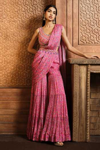 Aneesh Agarwaal Pre-Draped Flower Print Sharara Saree With Blouse 