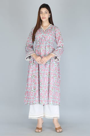 Cotton Garden Print Anarkali & Palazzo Set For Kids