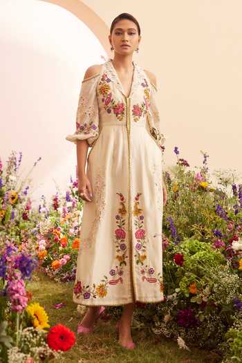 Chandrima Floral Embroidered Cold Shoulder Dress 