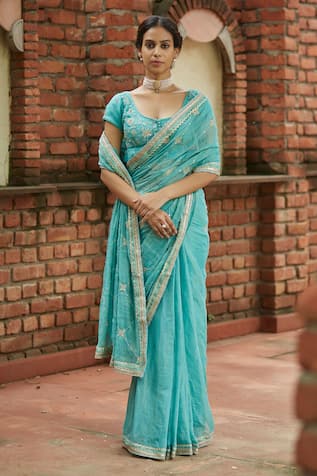 Resham Thread & Zari Embroidered Saree With Blouse 
