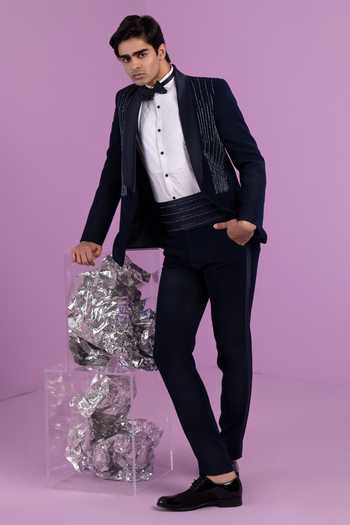 Contrast By Parth Geometric Cut Work Bead Embroidered Tuxedo Set 