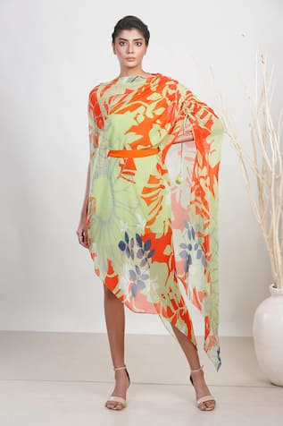 Leaf Print Off-Shoulder Dress With Belt 