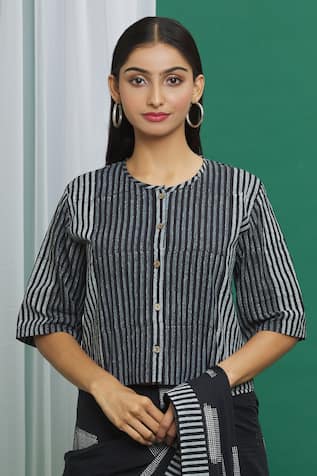 Button Down Stripe Pattern Crop Top  For Kids