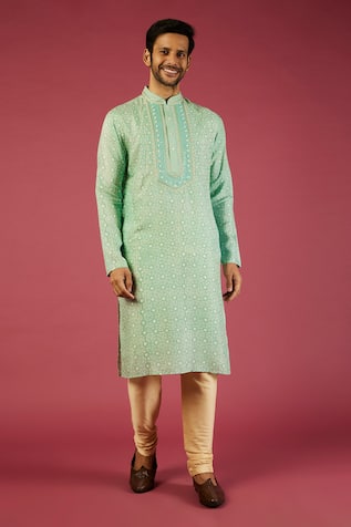 Krishna Mehta Tussar Geometric Block Print Kurta Set 