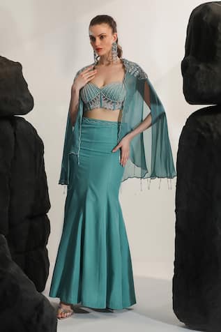 Jade By Ashima Sirena Hand Embroidered Cape & Fish-Cut Skirt Set 