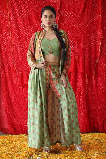 Shachi Sood Floral Print Dupion Silk Jacket Pant Set 
