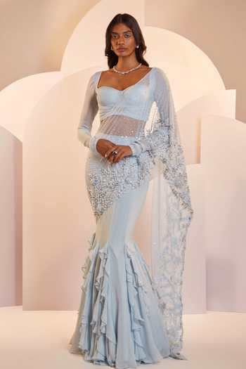 Shloka Khialani Christina Ruffle Pre-Draped Saree With Crop Top 