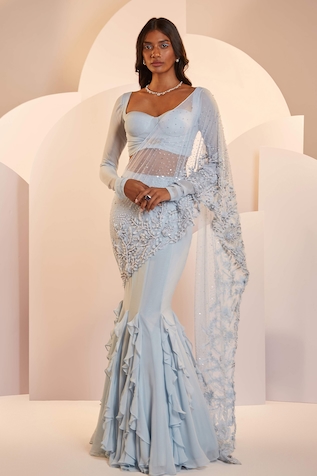 Shloka Khialani Christina Ruffle Pre-Draped Saree With Crop Top