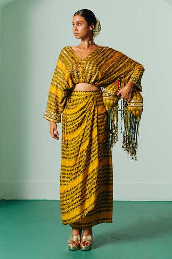 Prahnaaya Hand Block Print Crop Top & Cowl Skirt Set 