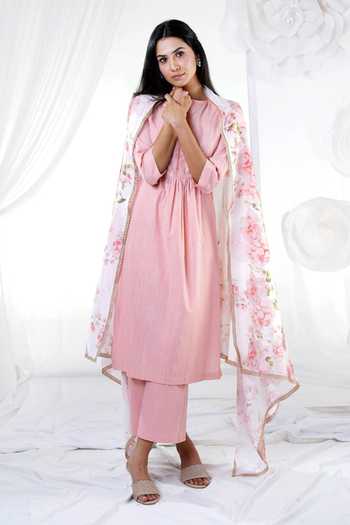 HOUSE OF TA-YA Pleated Neck Kurta Straight Pant Set 