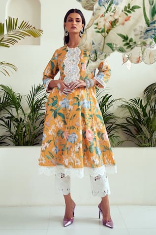 Sage Saga Botanic Print Anarkali Palazzo Set 