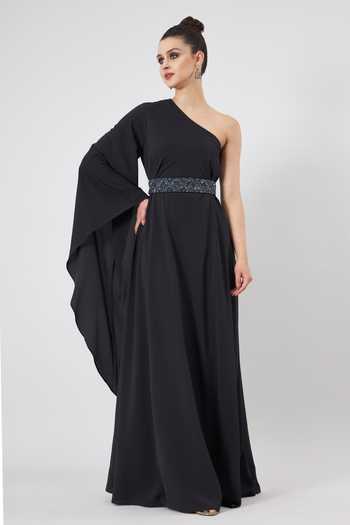 Aakaar One Shoulder Gown & Embroidered Crystal Belt Set 