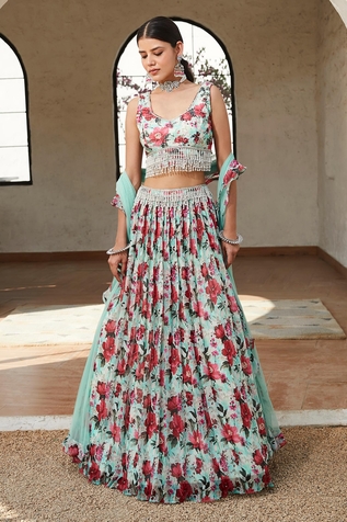Basanti - Kapde Aur Koffee Floral & Leaf Print Lehenga Set