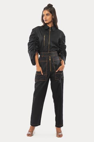 Veera Wear Black Cotton Ruched Sleeve Pant Set 