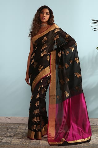 BLACK YELLOW CHANDERI SAREE IN COTTON SILK BLEND CHF21-2 – NEITEE