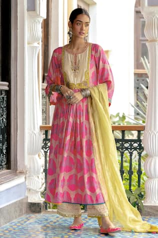 Silk Printed Gathered Kurta Set 