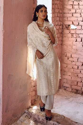 Karaj Jaipur Chanderi Chikankari Embroidered Kurta Set 