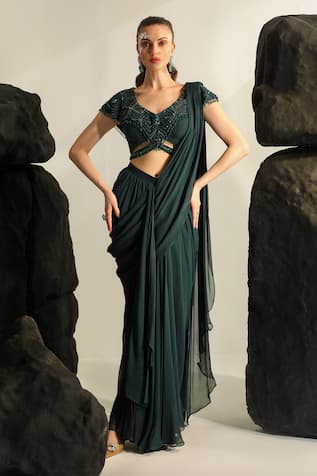 Jade By Ashima Galia Pre-Draped Saree With Embroidered Blouse 