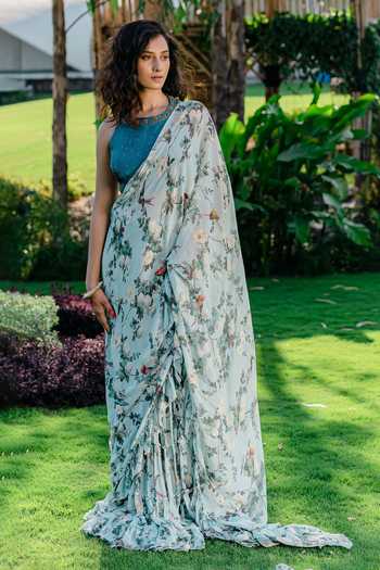 Redpine Designs Pre-Draped Vintage Floral Print Saree With Blouse 