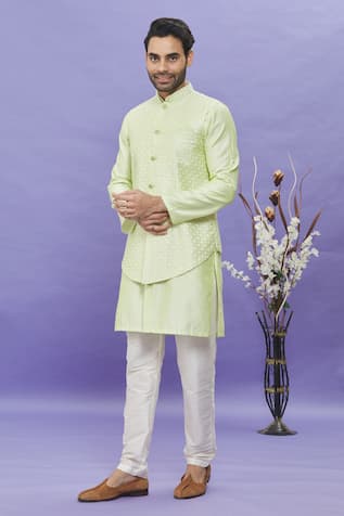 Arihant Rai Sinha Embroidered Pista Green Long Bundi 