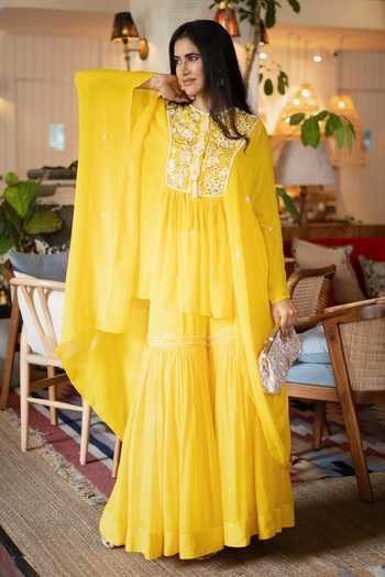 KEITH GOMES Bead Embellished Cape Tunic & Gharara Set 