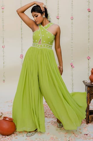 Green Halter Neck Hand Embroidered Jumpsuit For Kids