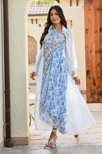 Palak & Mehak Samara Collared Jacket With Floral Print Dress 