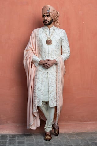 Raw Silk Floral Embroidered Sherwani Set 