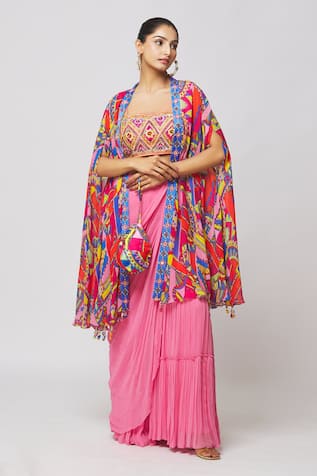 Gharara Saree Set With Printed Cape 