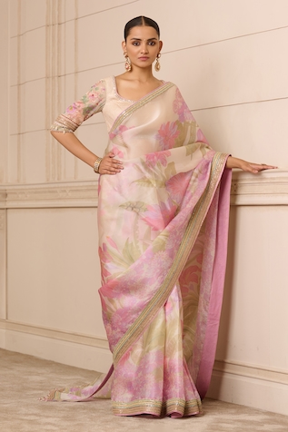 Tarun Tahiliani Floral Print Saree With Textured Blouse