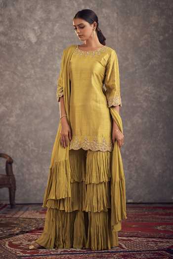 Hirika & Dhruti Silk Floral Embroidered Kurta & Layered Gharara Set 