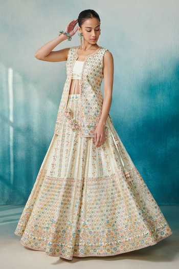 SUHINO Floral Leaf Embroidered Jacket With Lehenga Set 