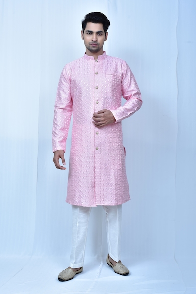 Buy Pink Kurta Raw Silk Embroidered Thread Floral With Bell Bottom Pant For  Men by Amrit Dawani Online at Aza Fashions.