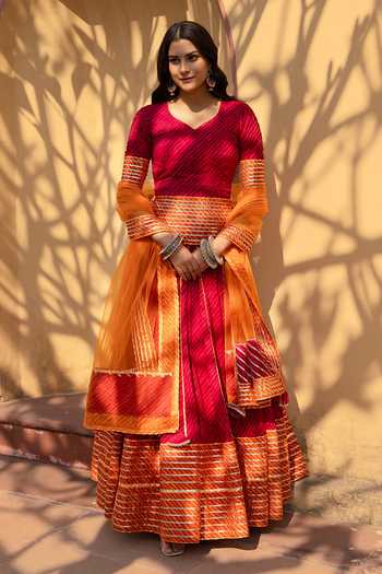 Pomcha Jaipur Veena Leheriya Print Kurta Lehenga Set 