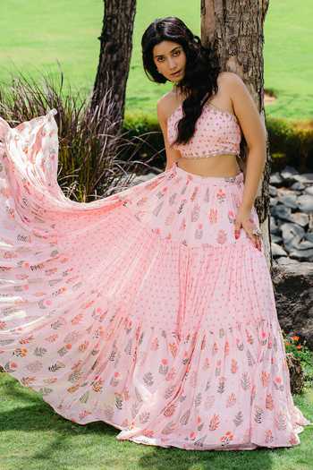 Redpine Designs Floral Print Embroidered Crop Top & Flared Skirt Set 