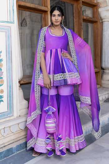 Pomcha Jaipur Border Embroidered Ombre Kurta Sharara Set 
