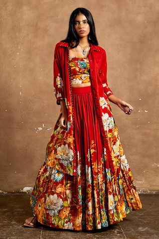 Label Kinjal Modi Floral Pattern Jacket Lehenga Set